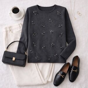KAREN SCOTT Black Wool‎ Blend Beaded Floral Appliqué Sweater Pullover M